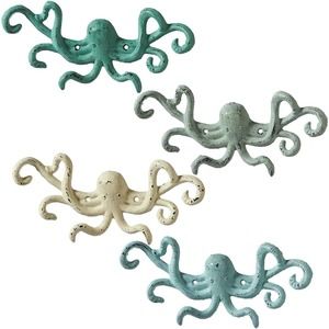 Octopus Wall Hooks Set of 4 Painted Cast Iron